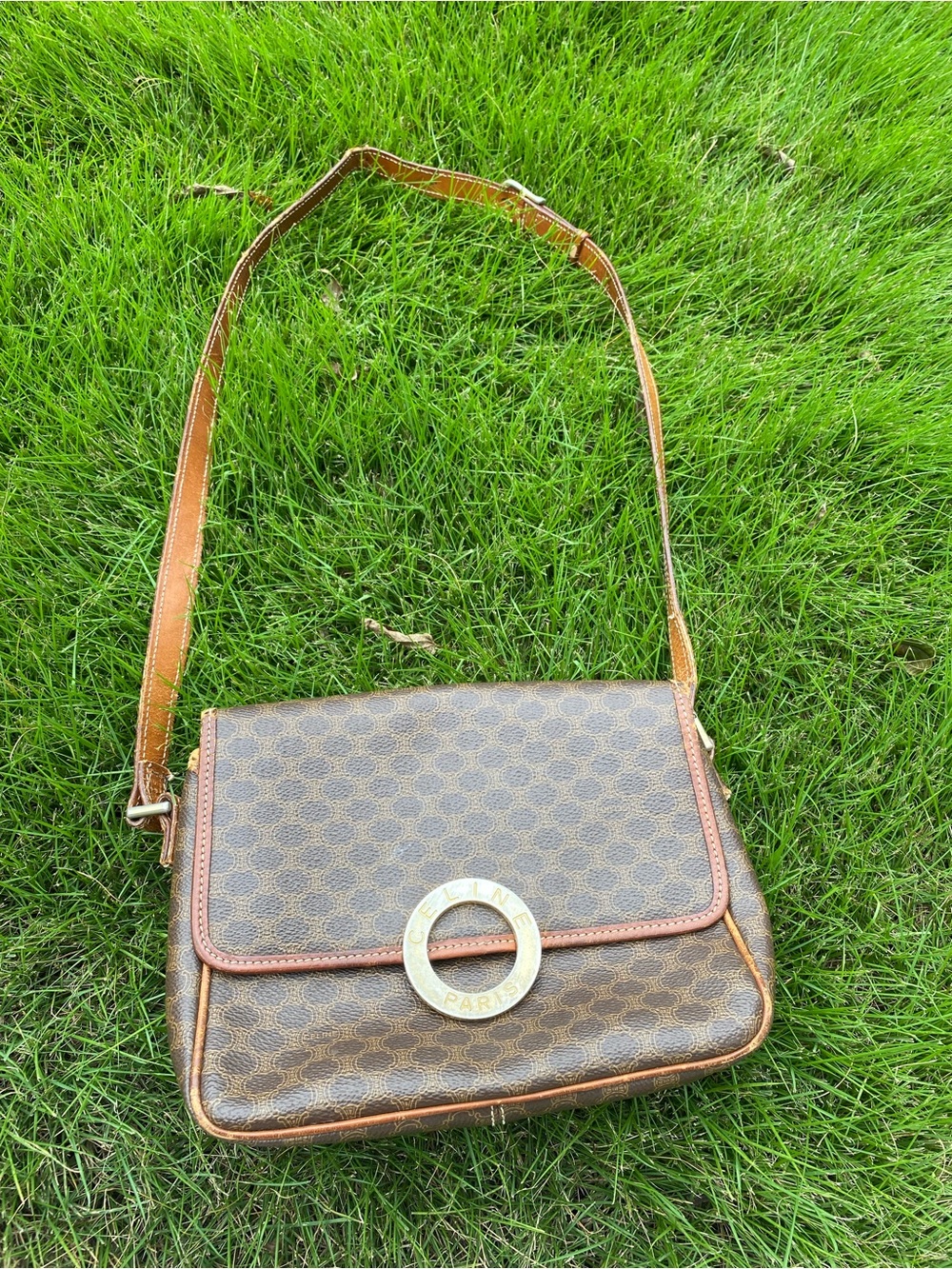 Celine Brown Patterned Crossbody with Gold Ring Accent